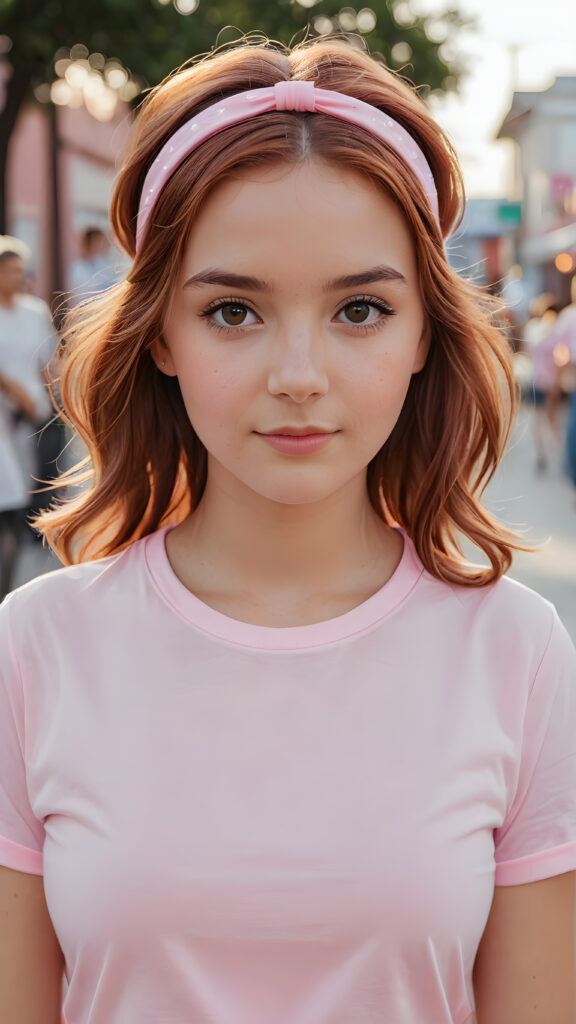 super realistic, 4k, detailed, a cute petite girl with long auburn hair in a ((plastic headband)), ((light pink t-shirt))