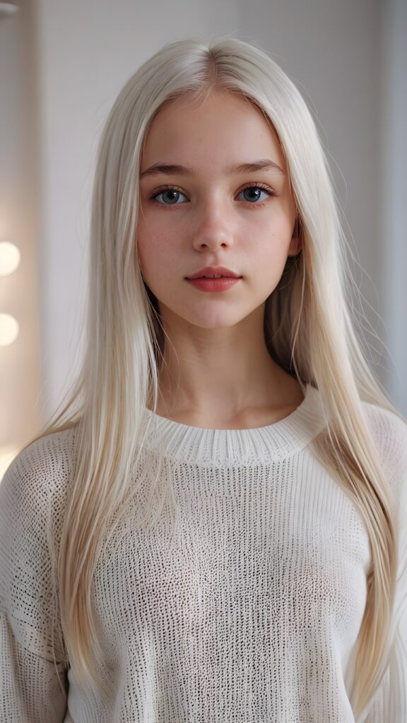 super realistic, detailed portrait, a beautiful young petite teen girl, 14 years old, perfect body, ((with long soft white straight hair)), and ((full lips)), looks sweetly into the camera, she wears a thin crop ((white sweater)) against ((light background))