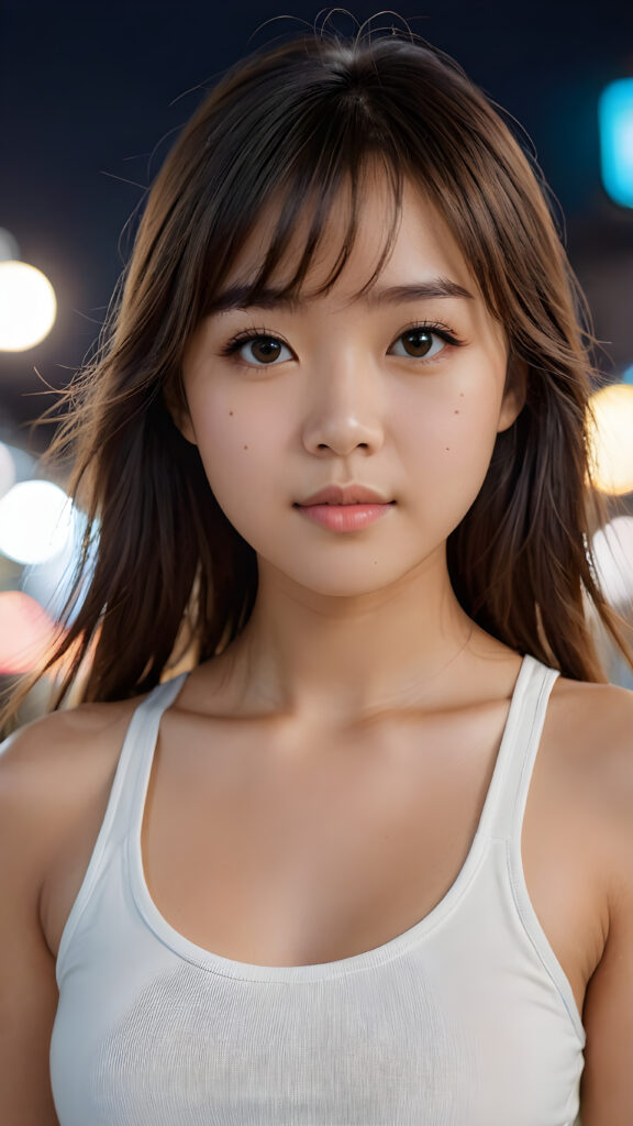 super realistic, 4k, detailed face, perfect curved body, cute Asian teen girl, long straight soft hair, bangs cut, wear only a white short tight tank top, looks at the camera, portrait shot