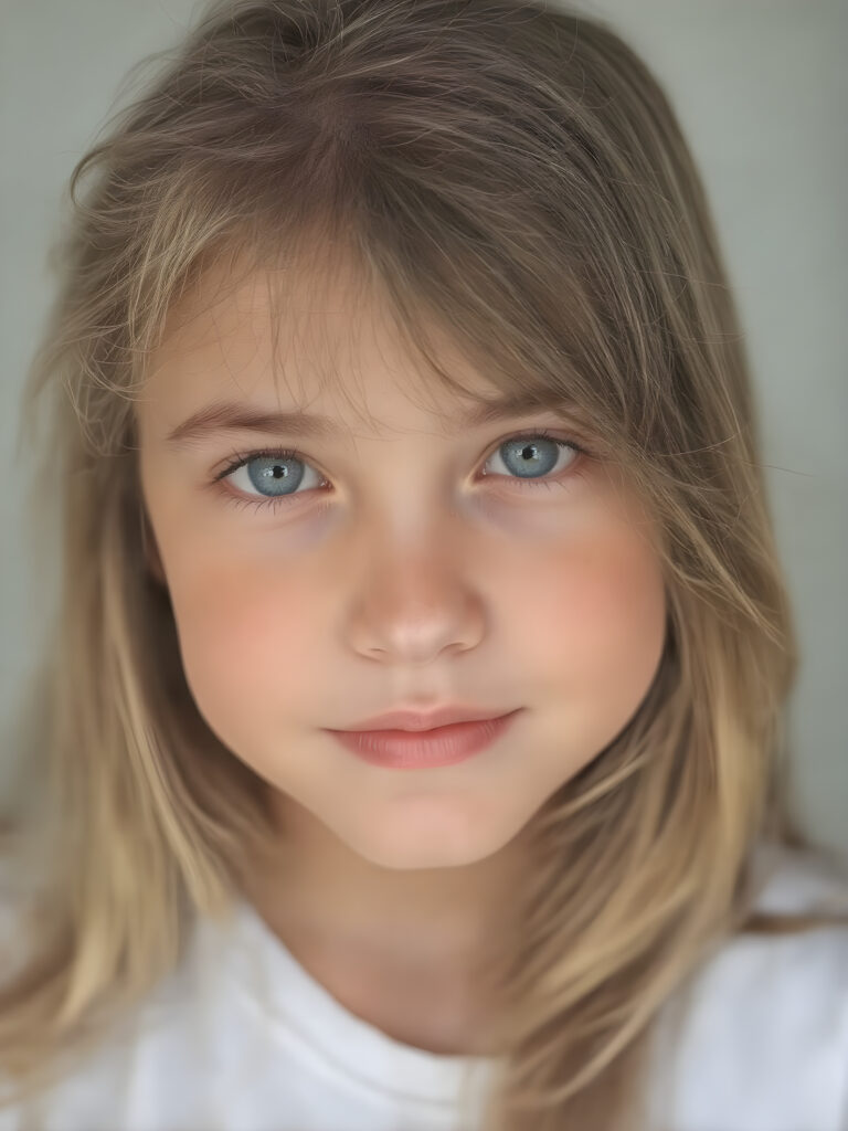 super realistic, detailed portrait, a beautiful young girl with long soft hair, looks sweetly into the camera, she wears a white t-shirt