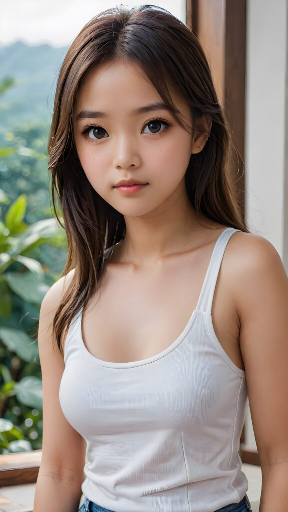 super realistic, detailed face, cute 14 years old Asian girl, long straight hair, realistic detailed eyes, wear white short tight tank top, looks sadly at the camera, perfect curved body