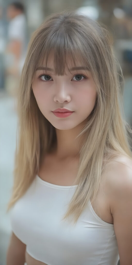 super realistic, 4k, detailed face, perfect curved body, cute Taiwanese teen girl, long blonde straight soft hair, styled bangs, wear only a white short tight crop tank top, looks at the camera, perfect body, portrait shot