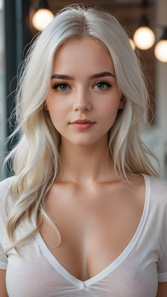 super realistic, detailed portrait, a beautiful young busty girl with long platinum white hair looks sweetly into the camera. She wears a white t-shirt with deep v-neck