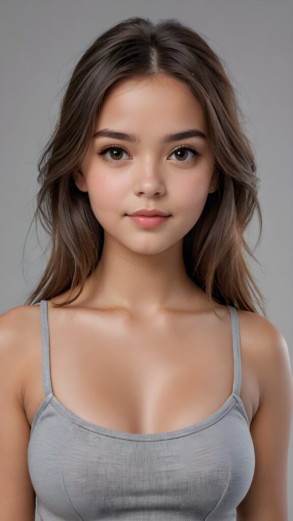 super realistic, 4k, detailed face, perfect curved body, cute young girl, straight hair, crop top, looks at the camera, portrait shot, grey background