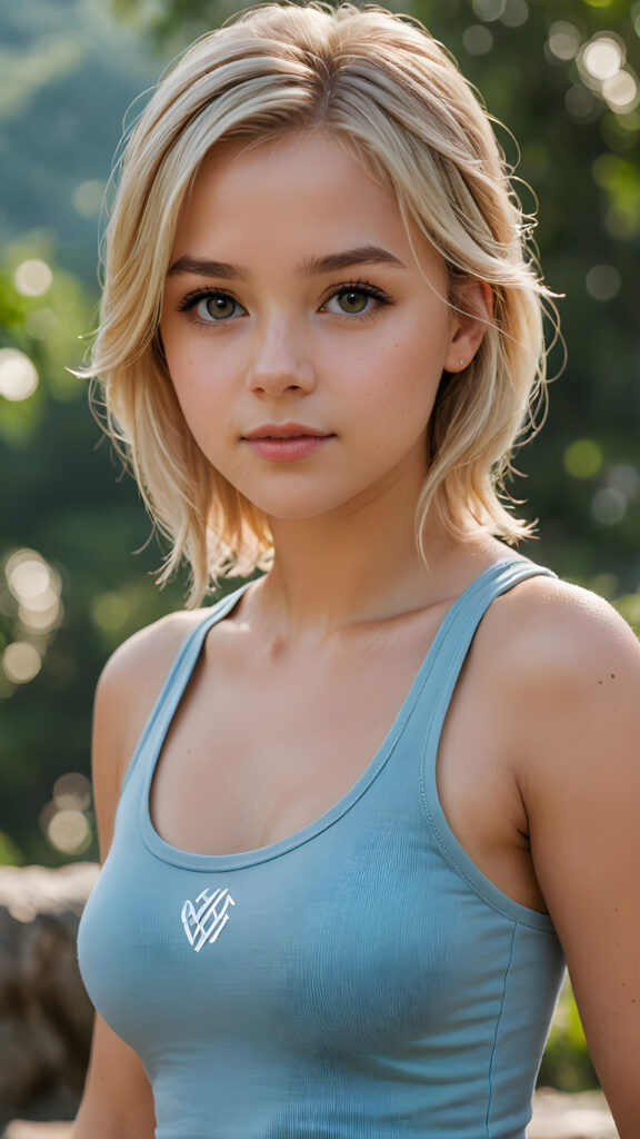 super realistic, detailed face, cute 17 years old Nord girl, straight blonde hair, realistic detailed light, wear short tight tank top, looks at the camera, perfect curved body, perfect pose