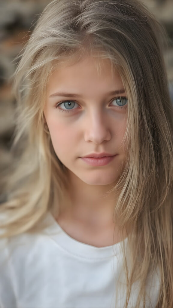 super realistic, detailed portrait, a beautiful young girl with long soft strong hair, looks sweetly into the camera, she wears a white t-shirt