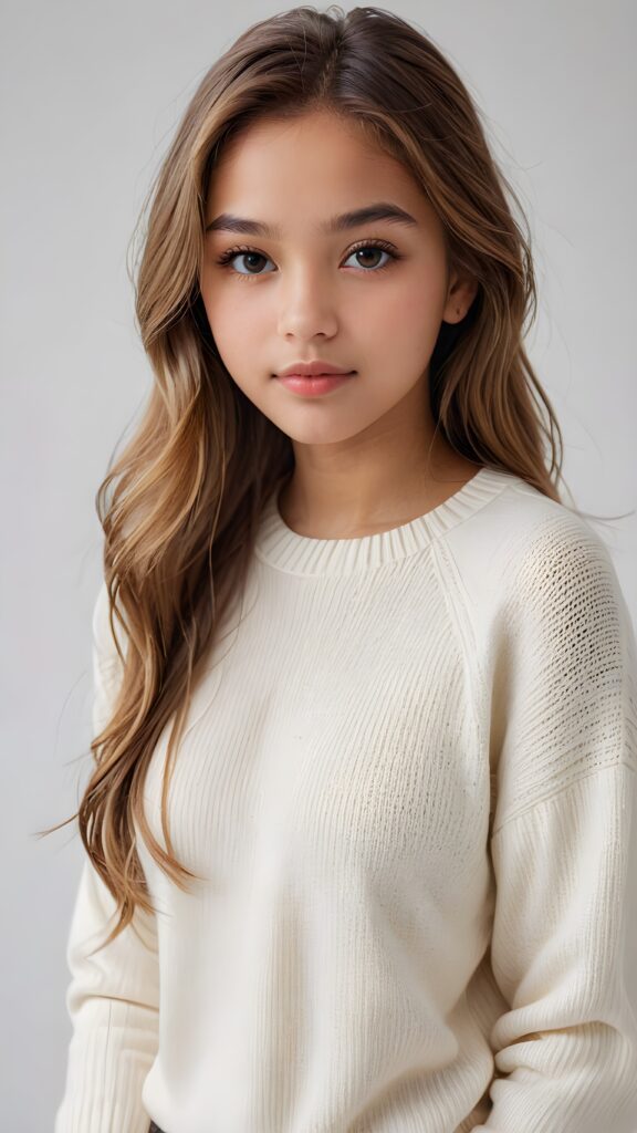 super realistic, detailed portrait, a beautiful young brown-skinned teen girl, 14 years old, perfect body, with long soft blonde straight hair, and ((full lips)), looks sweetly into the camera, she wears a thin crop ((white sweater)) against ((light background))