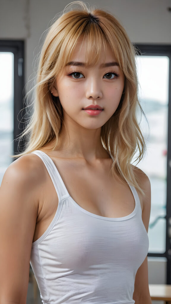 super realistic, 4k, detailed face, perfect curved body, cute Korea teen girl, long blonde straight super soft hair, Korean styled bangs, wear only a white short tight tank top, looks at the camera, portrait shot