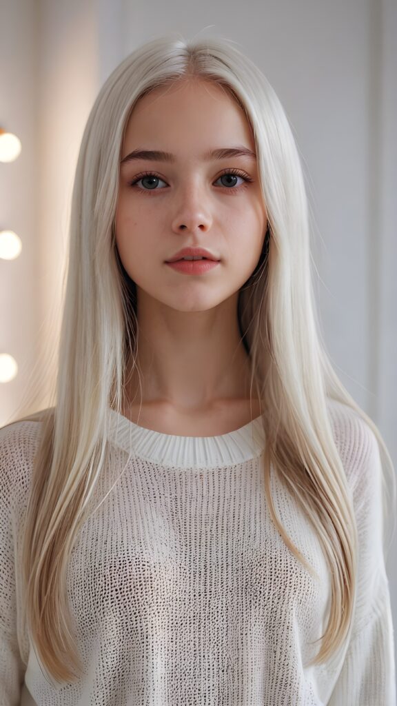 super realistic, detailed portrait, a beautiful young petite teen girl, 14 years old, perfect body, ((with long soft white straight hair)), and ((full lips)), looks sweetly into the camera, she wears a thin crop ((white sweater)) against ((light background))