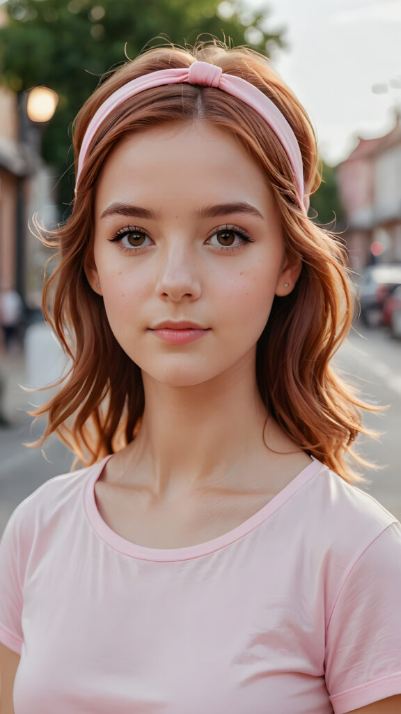 super realistic, 4k, detailed, a cute petite girl with long auburn hair in a ((plastic headband)), ((light pink t-shirt))