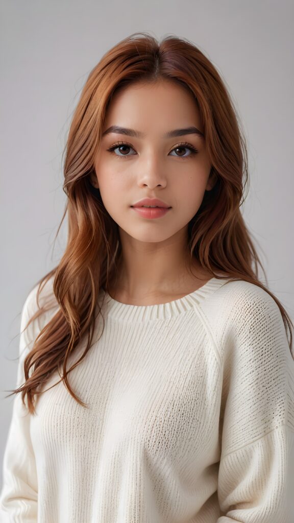 super realistic, detailed portrait, a beautiful young brown-skinned girl, perfect body, with long soft auburn-red straight hair, and ((full lips)), looks sweetly into the camera, she wears a thin crop ((white sweater)) against ((light background))