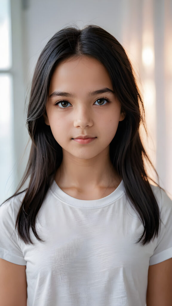 super realistic, detailed portrait, a beautiful young girl, 13 years old, with long soft obsidian black hair looks sweetly into the camera, ((she wears a white plain t-shirt))