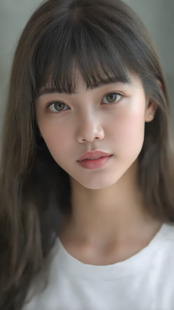 super realistic, detailed portrait, a beautiful young Asian teen girl with long soft straight dark hair bangs, round face, dark detailed eyes, looks sweetly into the camera, she wears a short white t-shirt