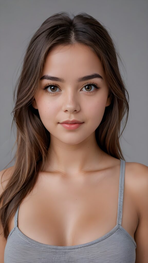 super realistic, 4k, detailed face, perfect curved body, well busty cute young girl, straight hair, crop top, looks at the camera, portrait shot, grey background