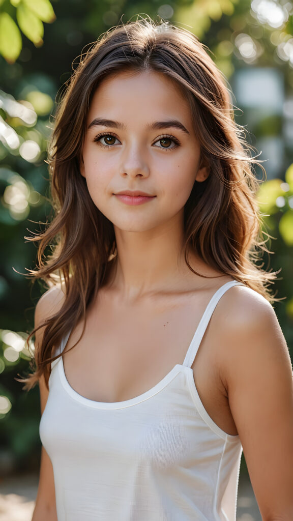 super realistic, detailed portrait, a beautiful young petite girl with long brown hair looks sweetly into the camera. She wears a white tank top