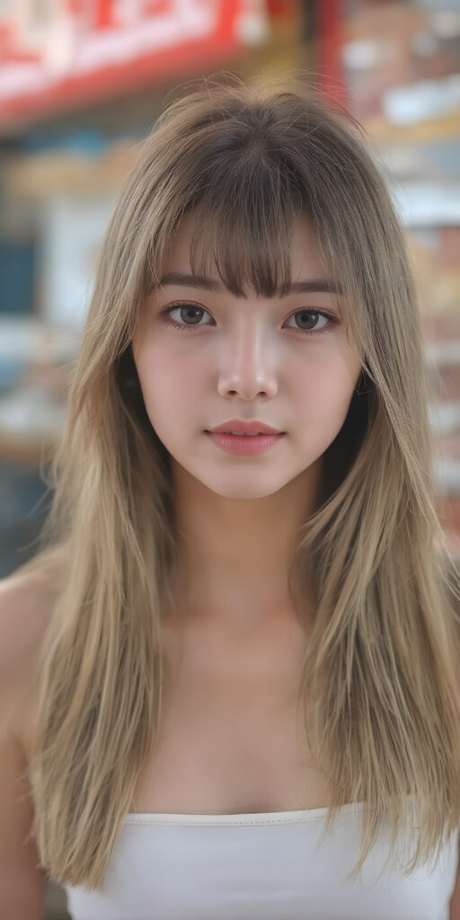 super realistic, 4k, detailed face, perfect curved body, cute Chinese teen girl, long blonde straight soft hair, styled bangs, wear only a white short tight crop tank top, looks at the camera, perfect body, portrait shot