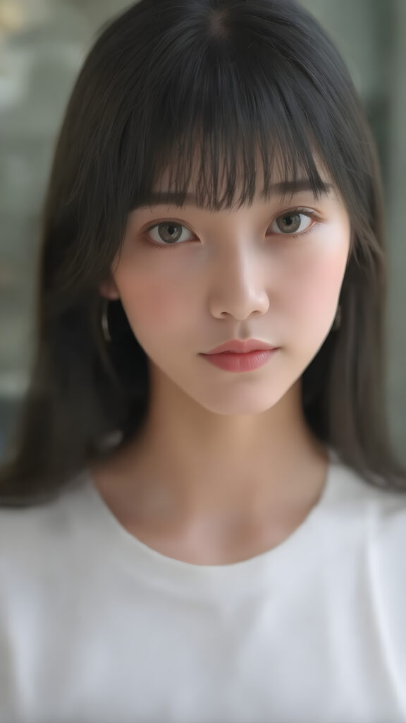 super realistic, detailed upper body portrait, a beautiful young Korean teen girl with long soft straight jet black hair bangs, round face, dark detailed eyes, looks sweetly into the camera, she wears a short white t-shirt, K-Drama Style