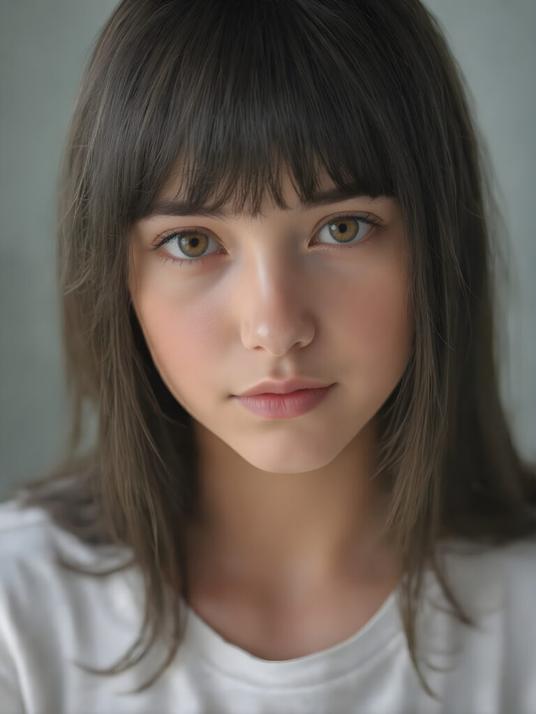 super realistic, detailed portrait, a beautiful young teen girl with long soft straight black hair bangs, round face, looks sweetly into the camera, she wears a short white t-shirt