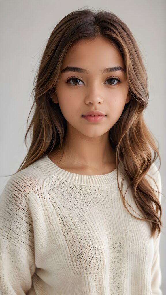 super realistic, detailed portrait, a beautiful young brown-skinned teen girl, 14 years old, perfect body, with long soft brown-blonde straight hair, and ((full lips)), looks sweetly into the camera, she wears a thin crop ((white sweater)) against ((light background))