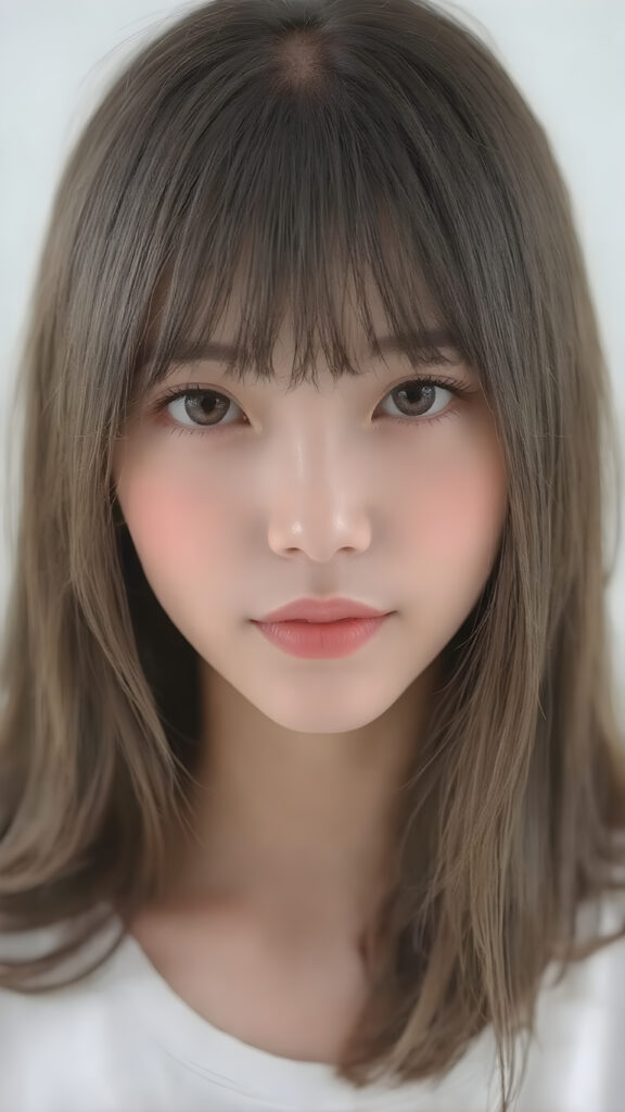 super realistic, detailed upper body portrait, a beautiful young Japanese teen girl with long soft straight dark brown hair bangs, round face, dark detailed eyes, looks sweetly into the camera, she wears a short white t-shirt