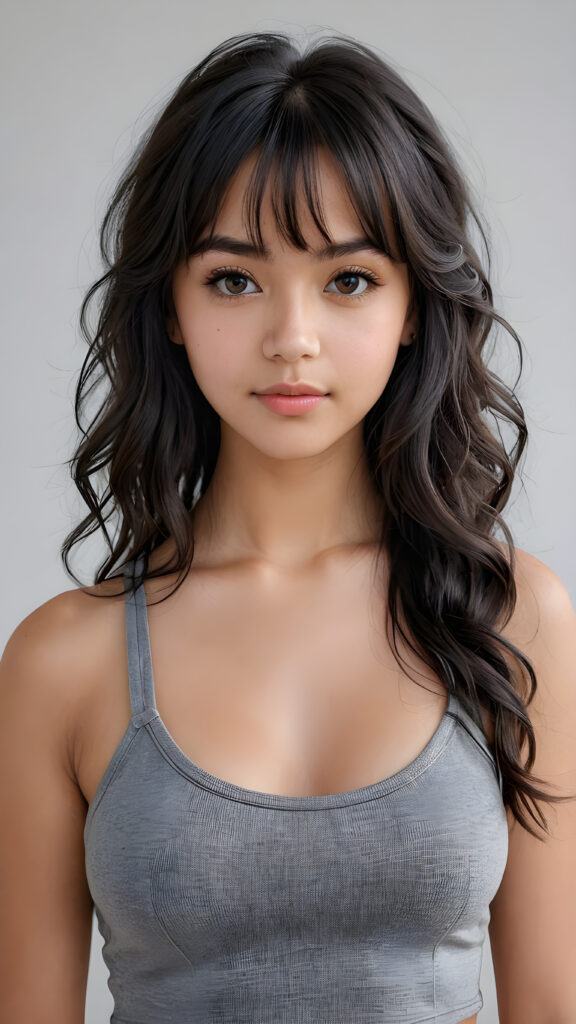 super realistic, 4k, detailed face, perfect curved body, cute Exotic teen girl, long black wavy soft hair, bangs cut, wear a grey crop tank top, looks at the camera, portrait shot