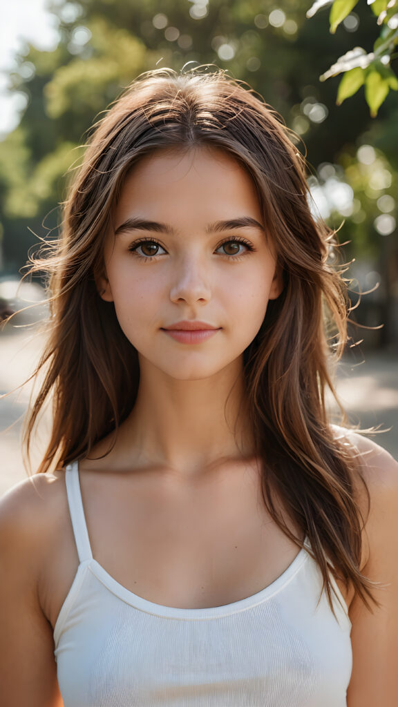 super realistic, detailed portrait, a beautiful young petite girl with long brown hair looks sweetly into the camera. She wears a white tank top