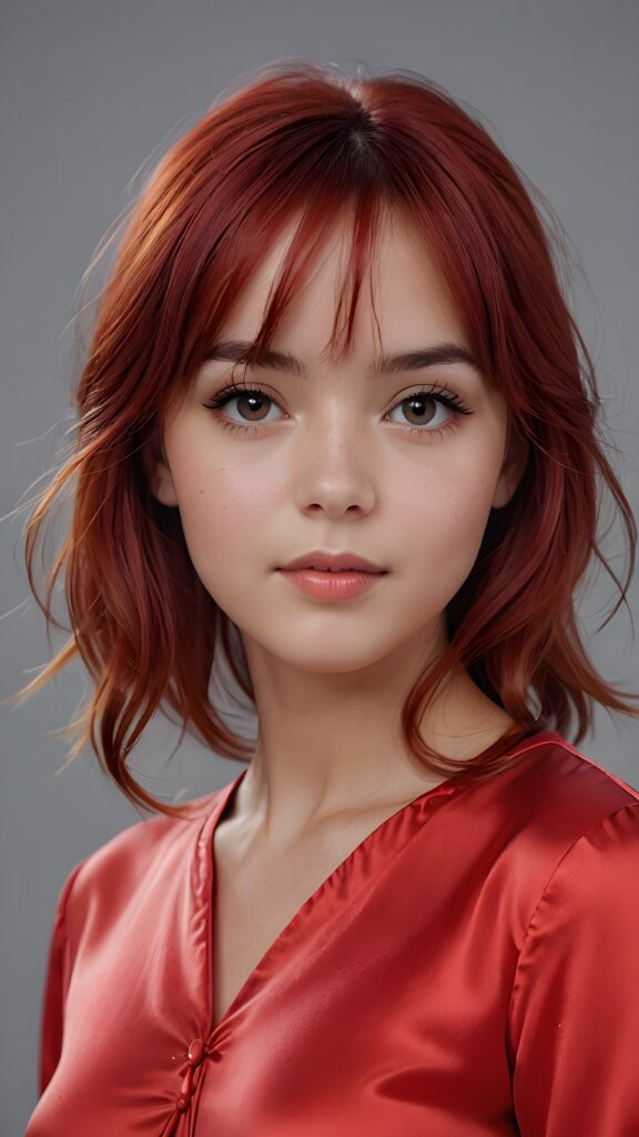 super realistic, 4k, detailed face, perfect curved body, cute young teen girl, bangs cut, straight red hair, red nightsuit made of silk, looks at the camera, portrait shot, grey background