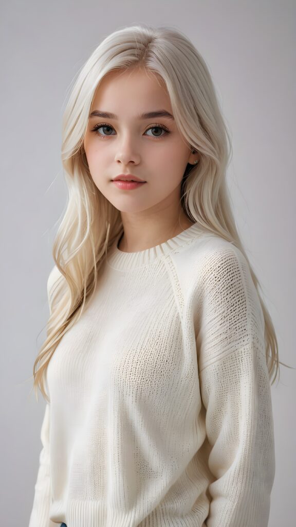 super realistic, detailed portrait, a beautiful young teen girl, 14 years old, perfect body, ((with long soft platinum white straight hair)), and ((full lips)), looks sweetly into the camera, she wears a thin crop ((white sweater)) against ((light background))