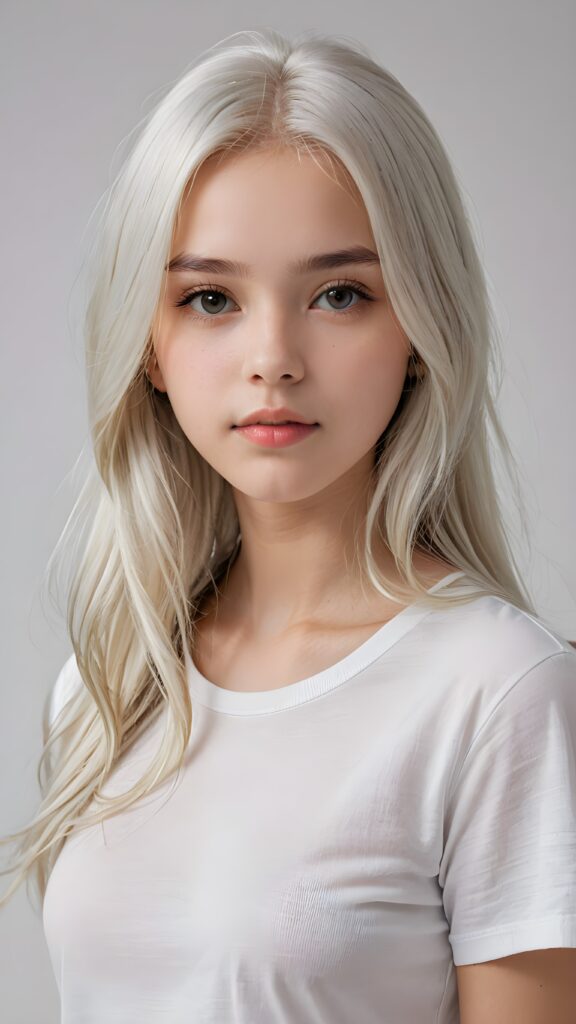 super realistic, detailed upper-body portrait, a beautiful young teen girl, 14 years old, perfect body, ((with long soft platinum white straight hair)), and ((full lips)), looks sweetly into the camera, she wears a thin ((white crop t-shirt)) against ((light background))