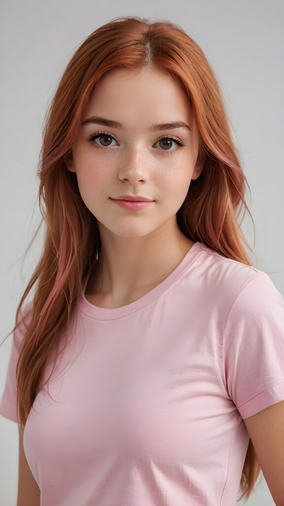 super realistic, 4k, detailed face, perfect curved body, cute young teen girl, long straight (light red hair), looks at the camera, portrait shot, white background, ((pink t-shirt))