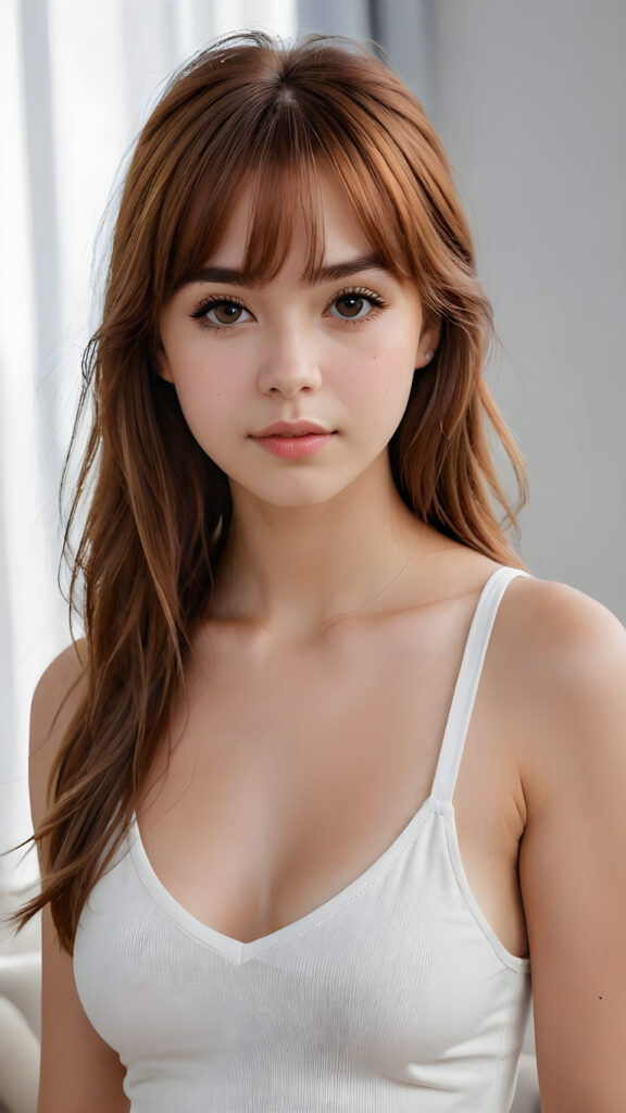 super realistic, 4k, detailed face, perfect curved body, cute petite teen girl, long auburn straight hair, bangs cut, wear only a white short tight cropped tank top with deep v-neck, looks at the camera, portrait shot