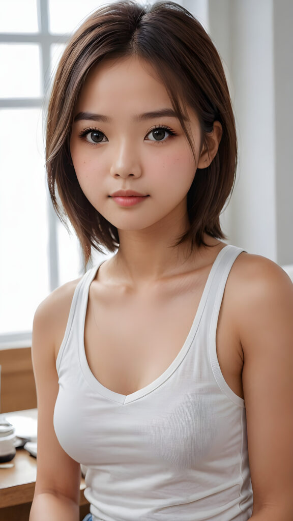 super realistic, detailed face, cute innocent 14 years old Asian girl, long straight super soft hair, realistic detailed eyes, wear white short plain tight tank top with deep v-neck, looks sadly at the camera, perfect curved body