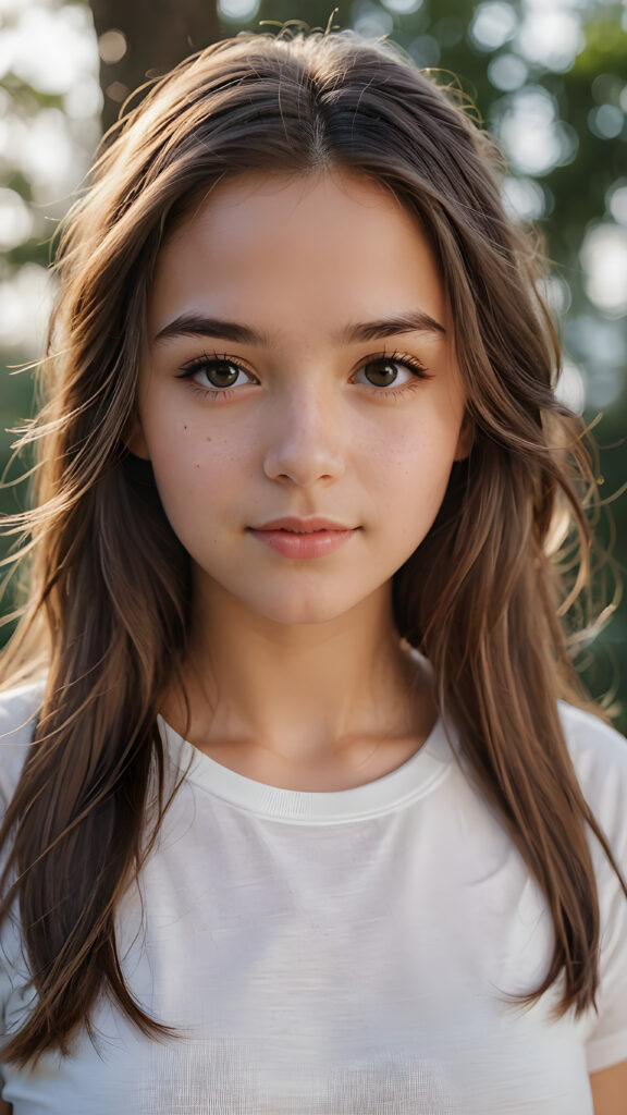 super realistic, detailed portrait, a beautiful young girl with long hair looks sweetly into the camera. She wears a white t-shirt