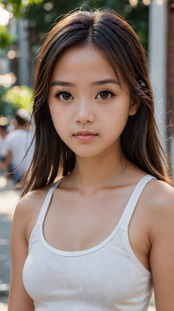 super realistic, detailed face, cute 14 years old Asian girl, long straight hair, realistic detailed eyes, wear white short tight tank top, looks sadly at the camera, perfect curved body