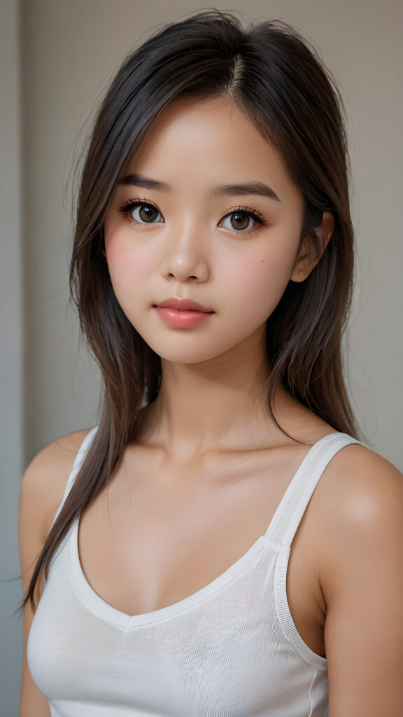 super realistic, detailed face, cute innocent 14 years old Asian girl, long straight super soft hair, realistic detailed eyes, wear white short plain tight tank top with deep v-neck, looks sadly at the camera, perfect curved body