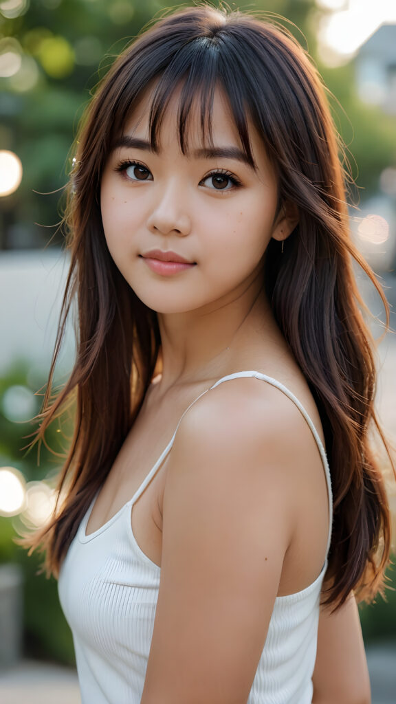 super realistic, 4k, detailed face, perfect curved body, cute Asian teen girl, long straight soft hair, bangs cut, wear only a white short tight tank top, looks at the camera, portrait shot