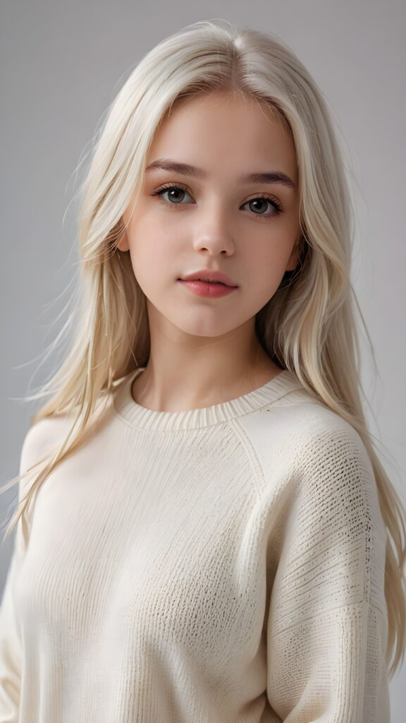 super realistic, detailed portrait, a beautiful young teen girl, 14 years old, perfect body, ((with long soft white straight hair)), and ((full lips)), looks sweetly into the camera, she wears a thin crop ((white sweater)) against ((light background))