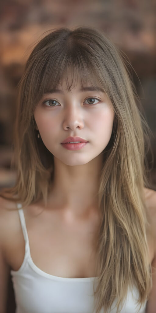 super realistic, 4k, detailed face, perfect curved body, cute Vietnamese teen girl, long blonde straight soft hair, styled bangs, wear only a white short tight crop tank top, looks at the camera, perfect body, portrait shot