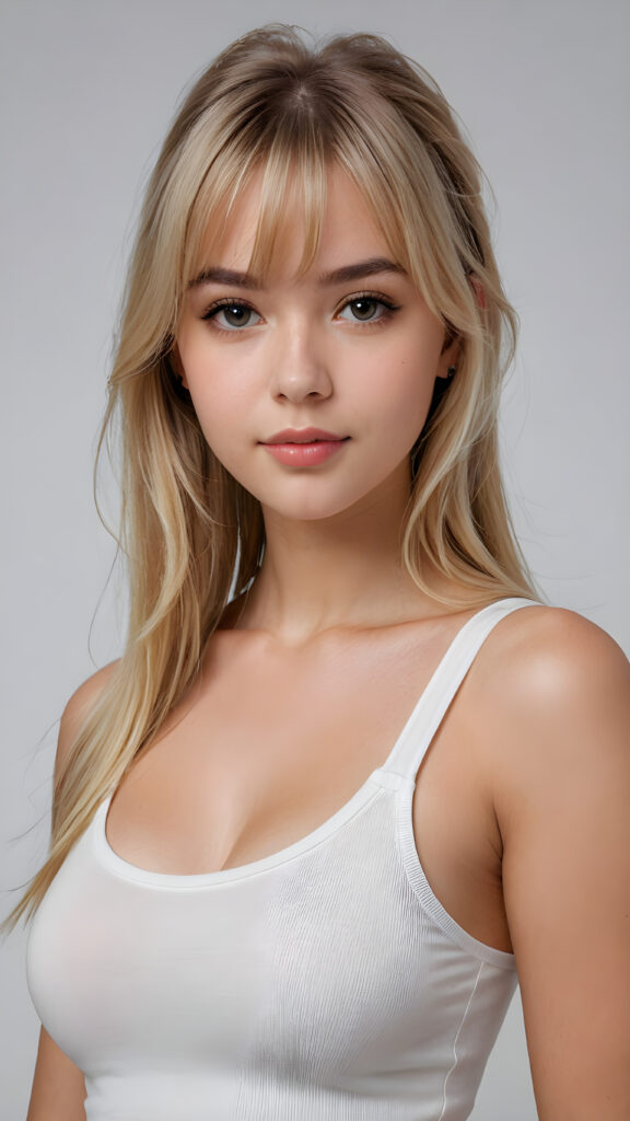 super realistic, 4k, detailed face, perfect curved body, cute well busty teen girl, long blonde straight hair, bangs cut, wear only a white short tight tank top, looks at the camera, portrait shot