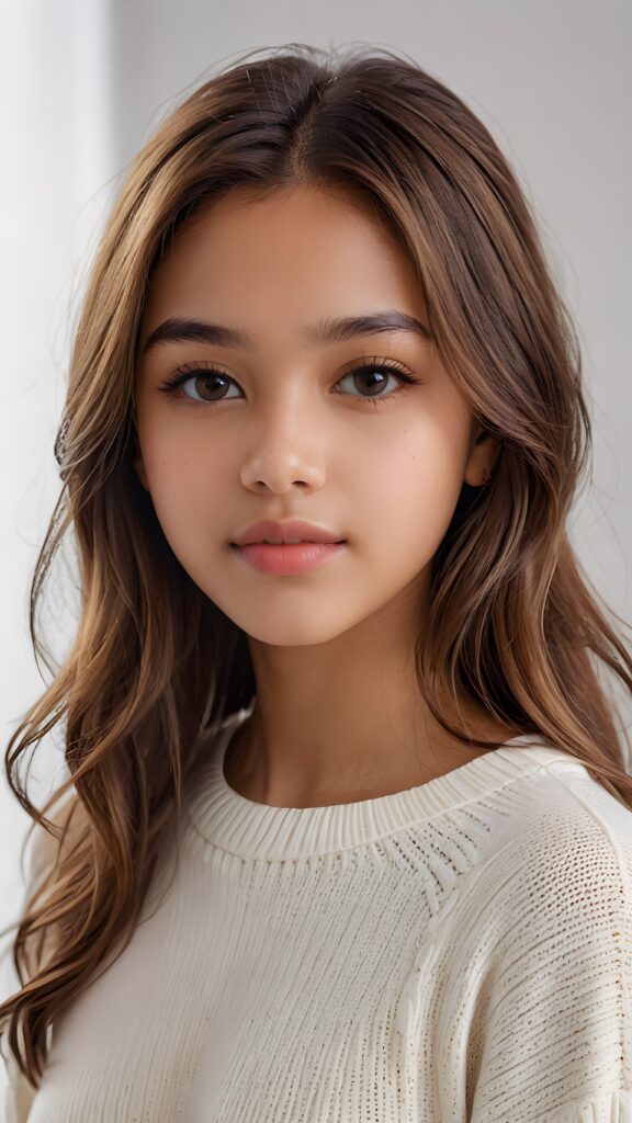 super realistic, detailed portrait, a beautiful young brown-skinned teen girl, 14 years old, perfect body, with long soft brown-blonde straight hair, and ((full lips)), looks sweetly into the camera, she wears a thin crop ((white sweater)) against ((light background))