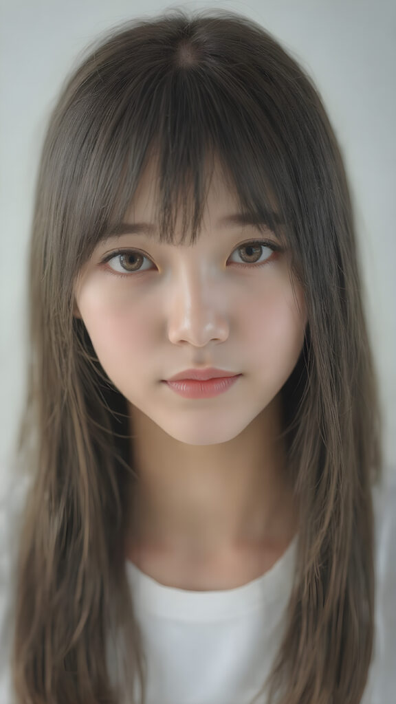 super realistic, detailed upper body portrait, a beautiful young Japanese teen girl with long soft straight dark brown hair bangs, round face, dark detailed eyes, looks sweetly into the camera, she wears a short white t-shirt