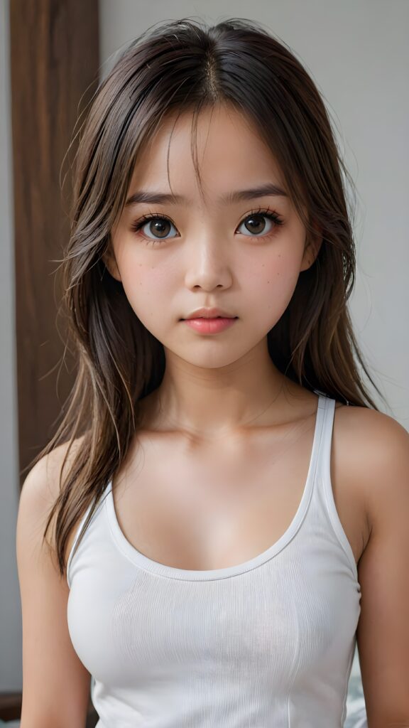 super realistic, detailed face, cute 14 years old Asian girl, long straight hair, realistic detailed eyes, wear white short tight tank top, looks sadly at the camera, perfect curved body