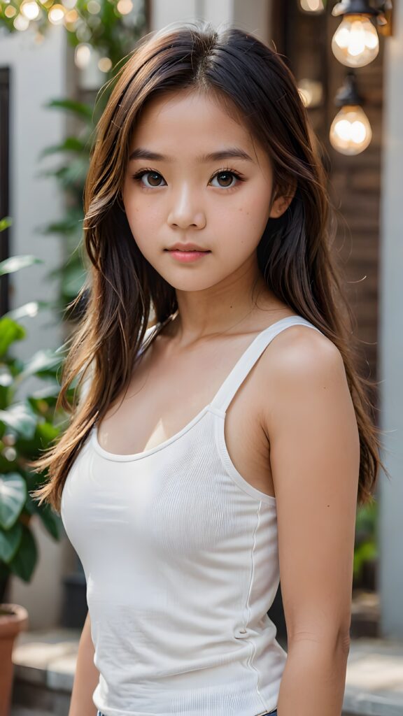 super realistic, detailed face, cute 14 years old Asian girl, long straight hair, realistic detailed eyes, wear white short tight tank top, looks sadly at the camera, perfect curved body