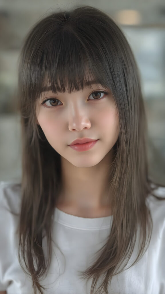 super realistic, detailed upper body portrait, a beautiful young Japanese teen girl with long soft straight dark brown hair bangs, round face, dark detailed eyes, looks sweetly into the camera, she wears a short white t-shirt