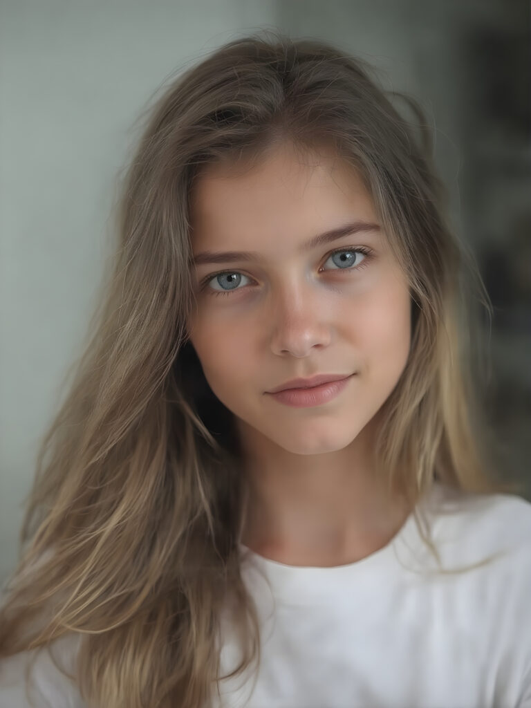 super realistic, detailed portrait, a beautiful young girl with long soft hair, looks sweetly into the camera, she wears a white t-shirt