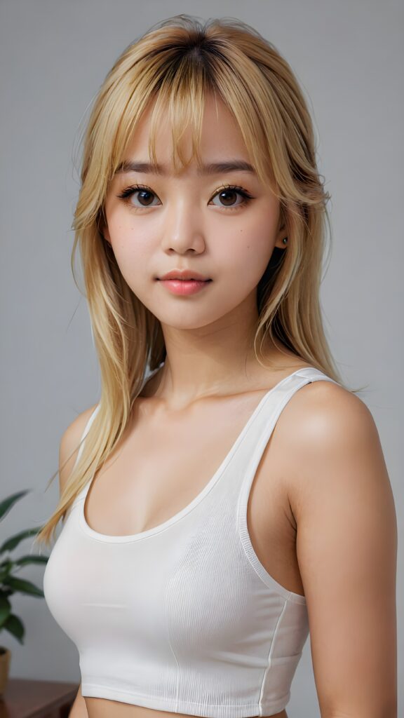 super realistic, 4k, detailed face, perfect curved body, cute Asian teen girl, long blonde straight hair, Korean styled bangs, wear only a white short tight tank top, looks at the camera, portrait shot