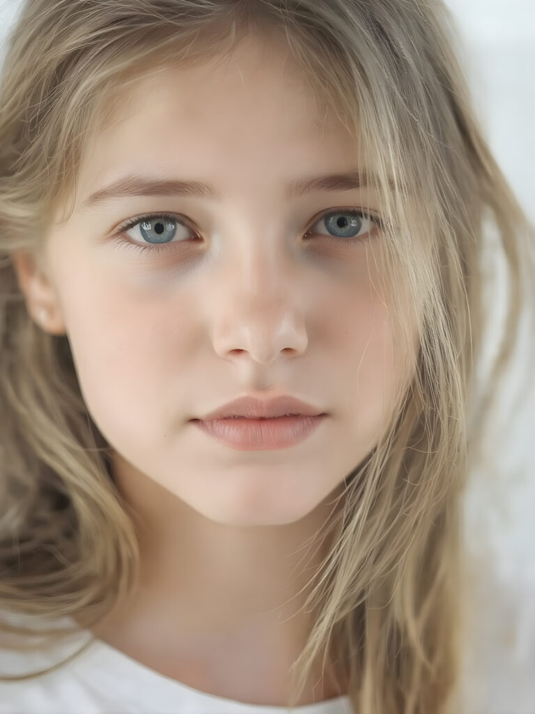 super realistic, detailed portrait, a beautiful young girl with long soft hair, looks sweetly into the camera, she wears a white t-shirt