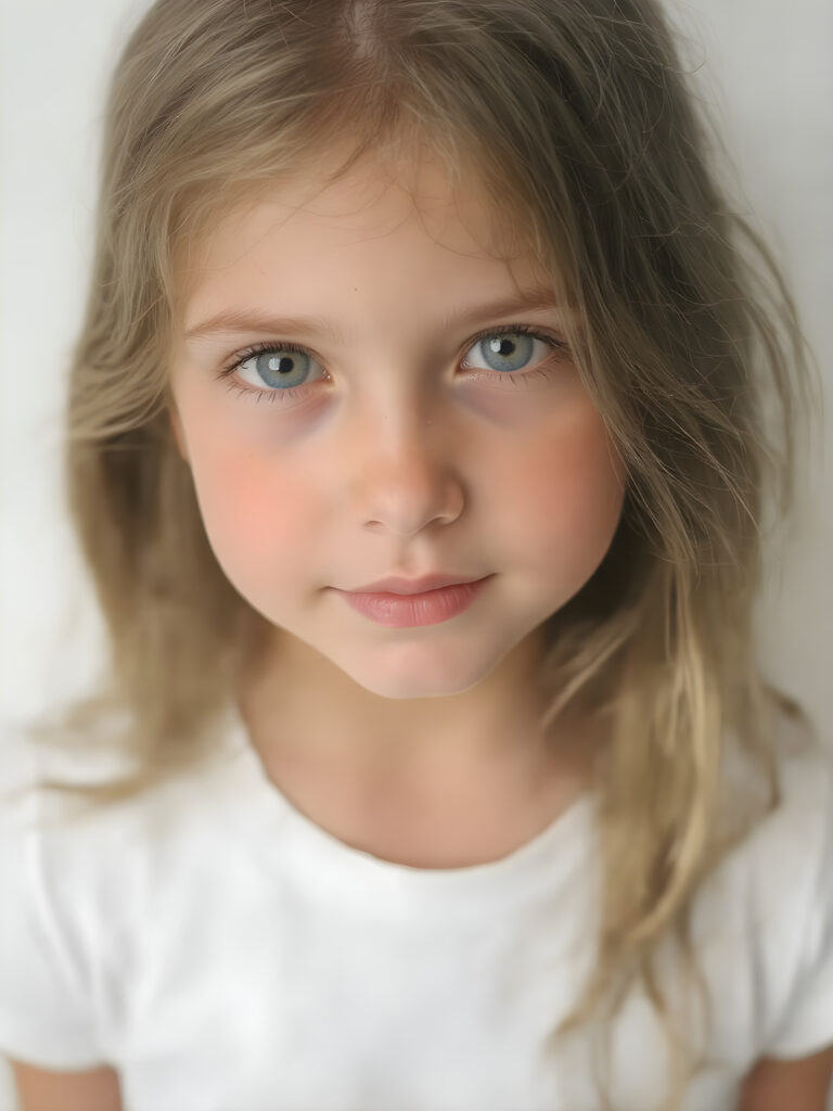 super realistic, detailed portrait, a beautiful young girl with long soft hair, looks sweetly into the camera, she wears a white t-shirt