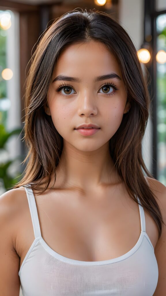 super realistic, detailed face, cute 17 years old Exotic girl, long straight hair, realistic detailed eyes, wear white short tight tank top, looks sadly at the camera, perfect curved body