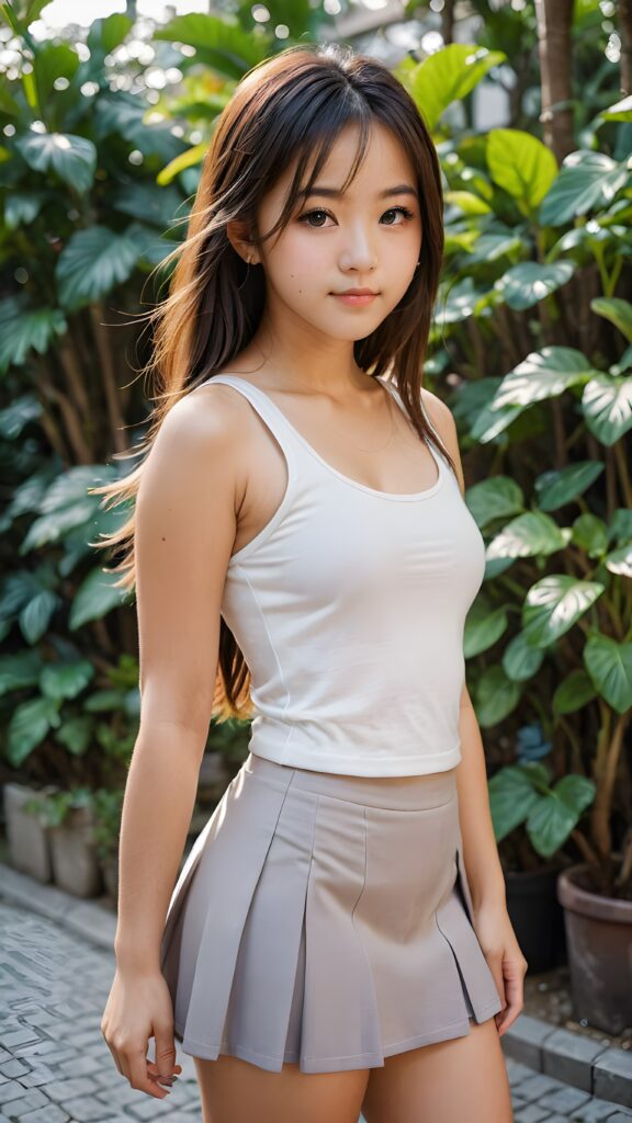 super realistic, perfect curved body, detailed face, cute 17 years old Japanese girl, wear super short tight tank top, round short mini skirt, perfect pose, perfect detailed eyes, long straight hair